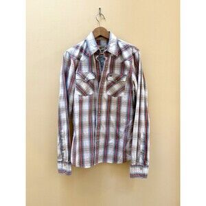 Hollister Shirt Mens Small Western Pearl Snap Blue Pink Plaid Cotton Vintage M
